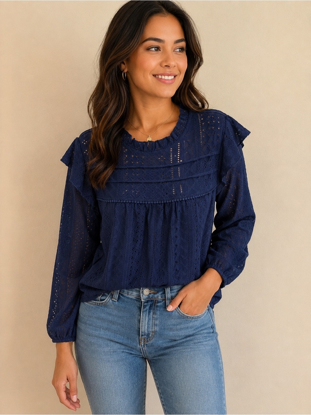 Eyelet Ruffle Long-Sleeve Top in Navy
